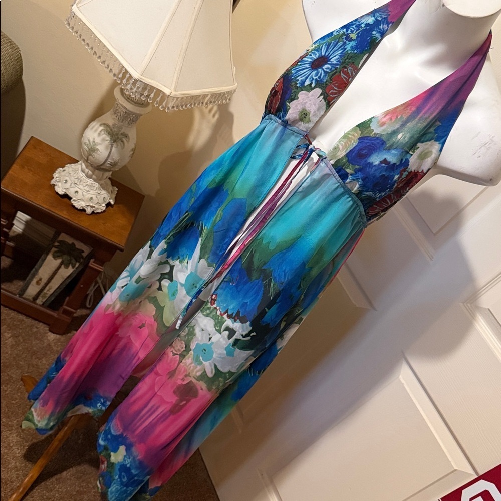 Francesca's Floral Halter Dress/Coverup Sheer. Small/Medium Adjustable - Picture 4 of 9